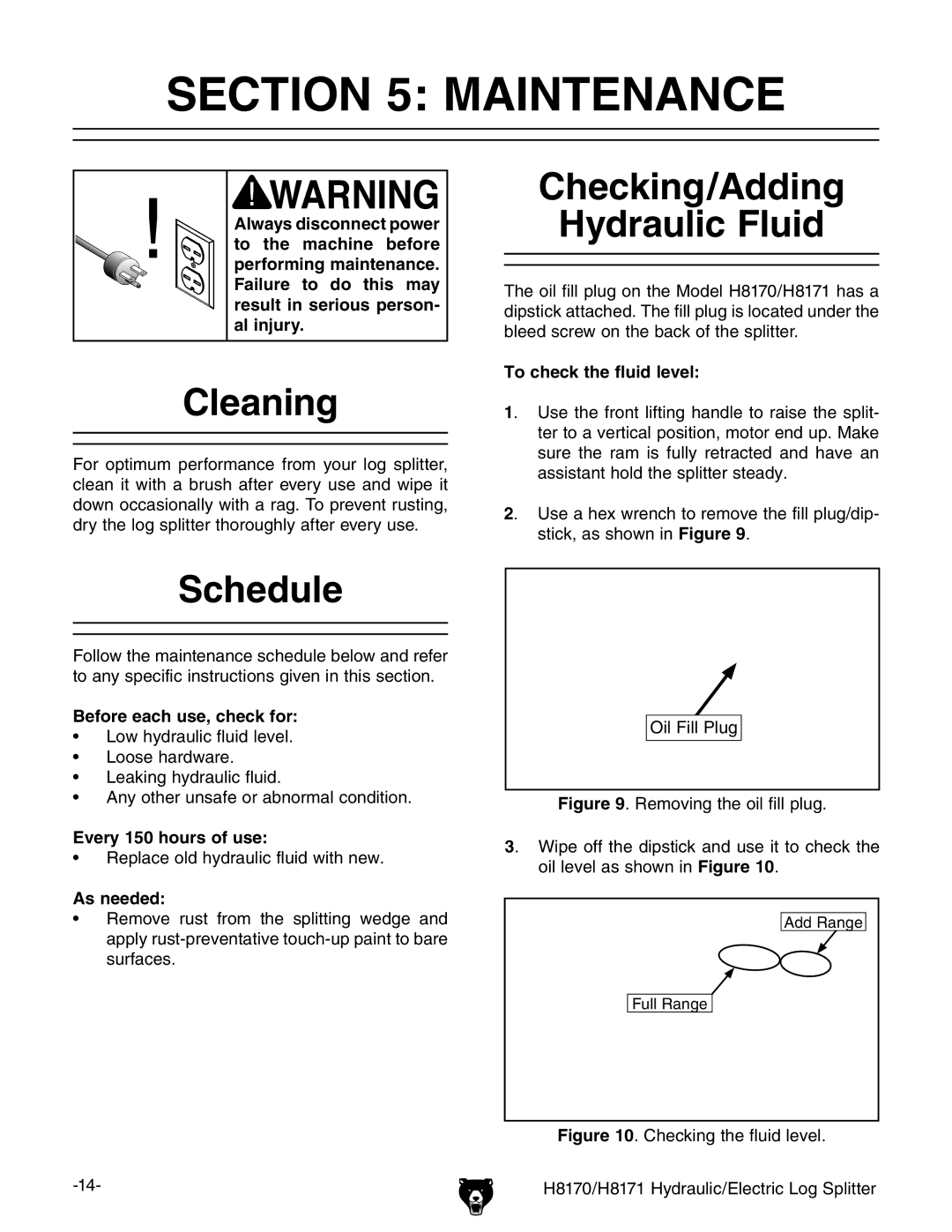 Grizzly H8170/H8171 owner manual Maintenance, Cleaning, Schedule, Checking/Adding Hydraulic Fluid 