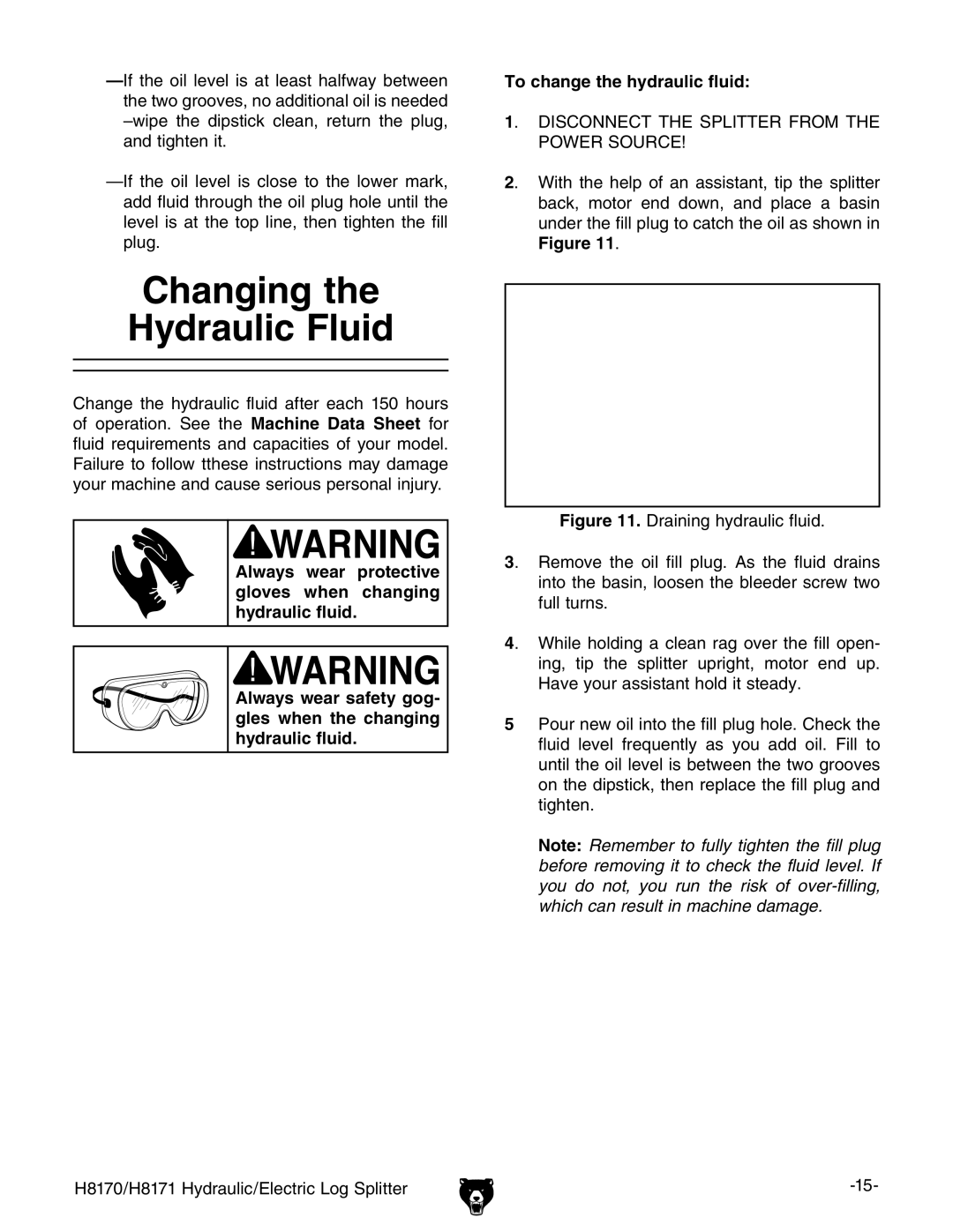 Grizzly H8170/H8171 owner manual Changing Hydraulic Fluid, To change the hydraulic fluid 