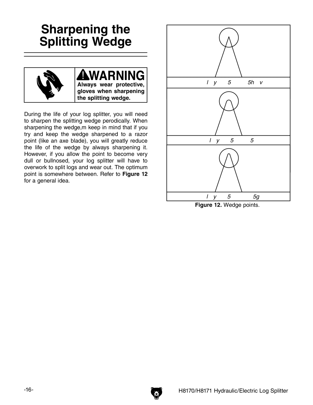 Grizzly owner manual Sharpening Splitting Wedge, Wedge points H8170/H8171 Hydraulic/Electric Log Splitter 