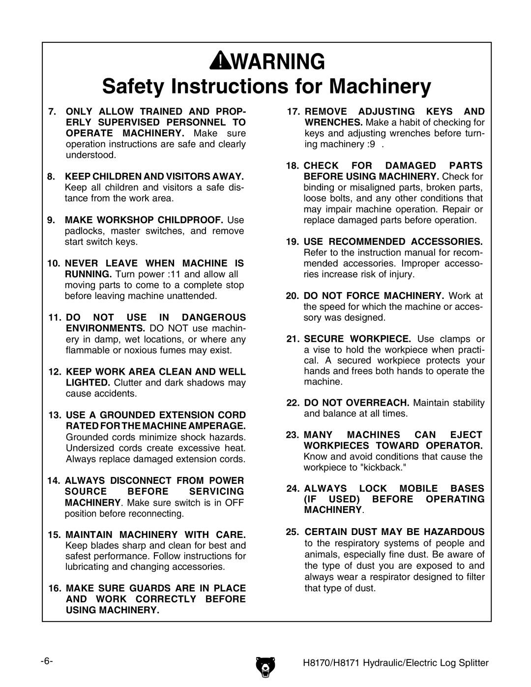 Grizzly owner manual H8170/H8171 Hydraulic/Electric Log Splitter 