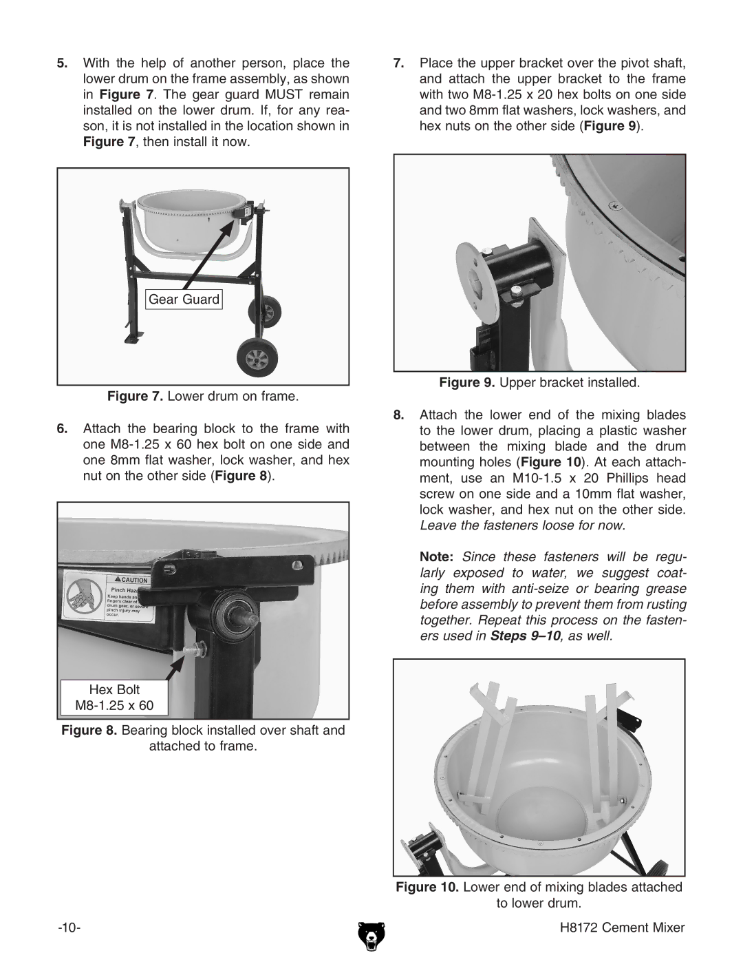 Grizzly H8172 owner manual Bearing block installed over shaft Attached to frame 