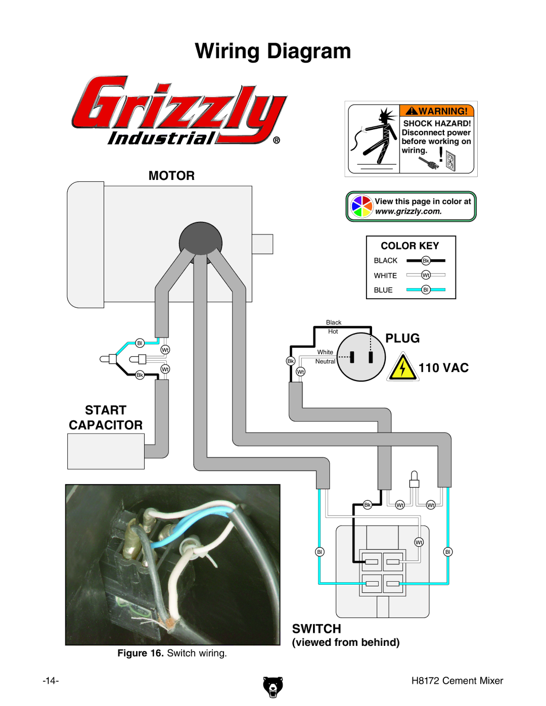 Grizzly owner manual Wiring Diagram, Switch wiring H8172 Cement Mixer 