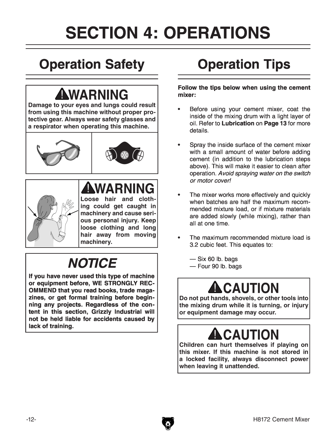 Grizzly H8172 owner manual Operations, Operation Safety, Operation Tips 
