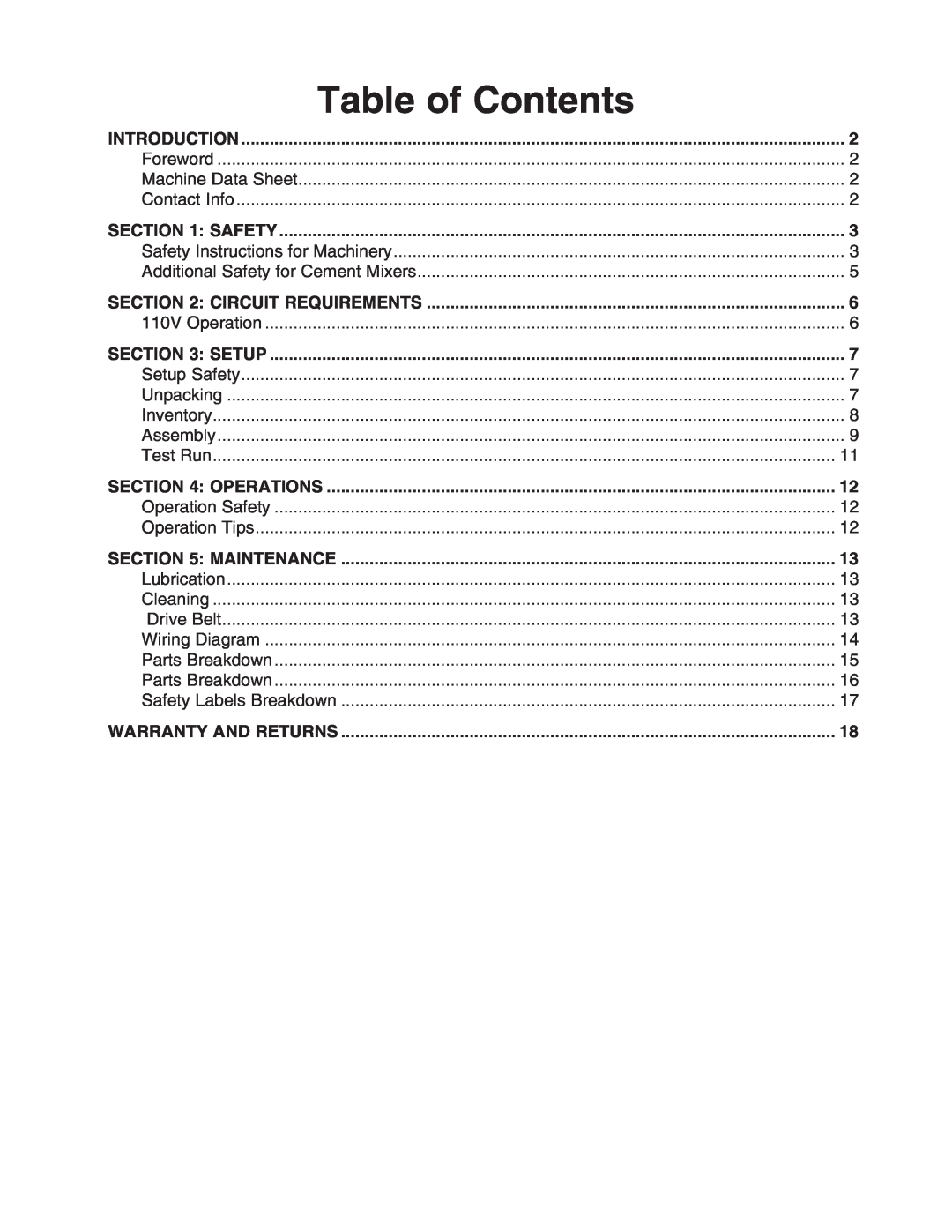 Grizzly H8172 owner manual Table of Contents 