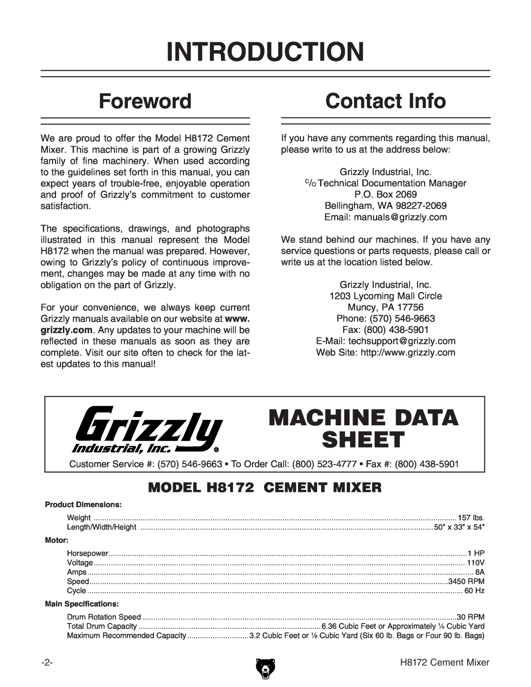 Grizzly H8172 owner manual Introduction, Foreword, Contact Info 