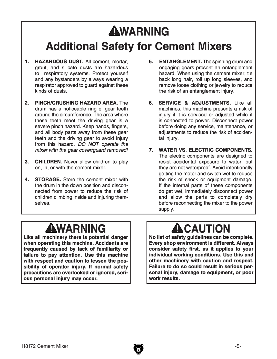 Grizzly H8172 owner manual Additional Safety for Cement Mixers 