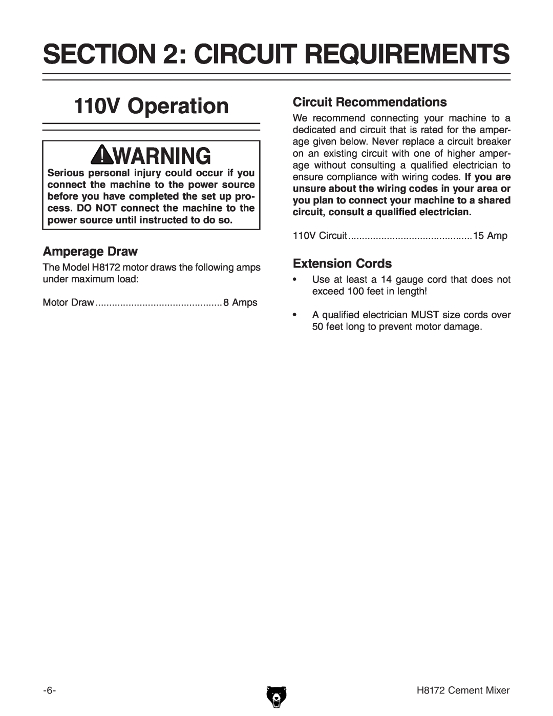 Grizzly H8172 owner manual Circuit Requirements, 110V Operation, Amperage Draw, Circuit Recommendations, Extension Cords 