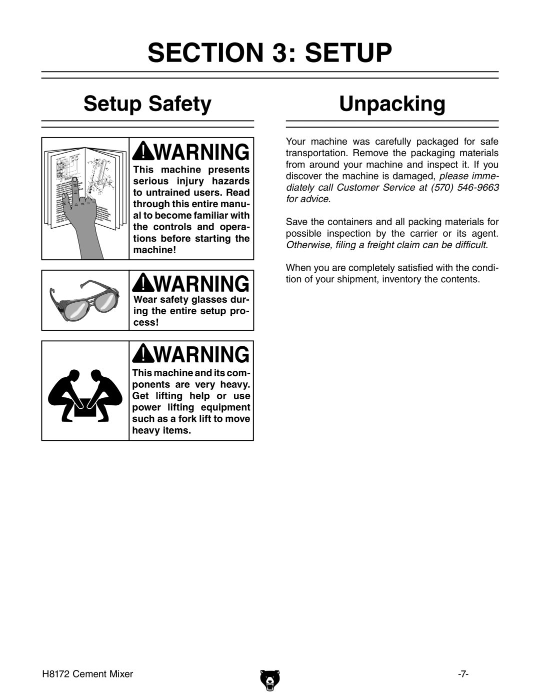 Grizzly H8172 owner manual Setup Safety, Unpacking 