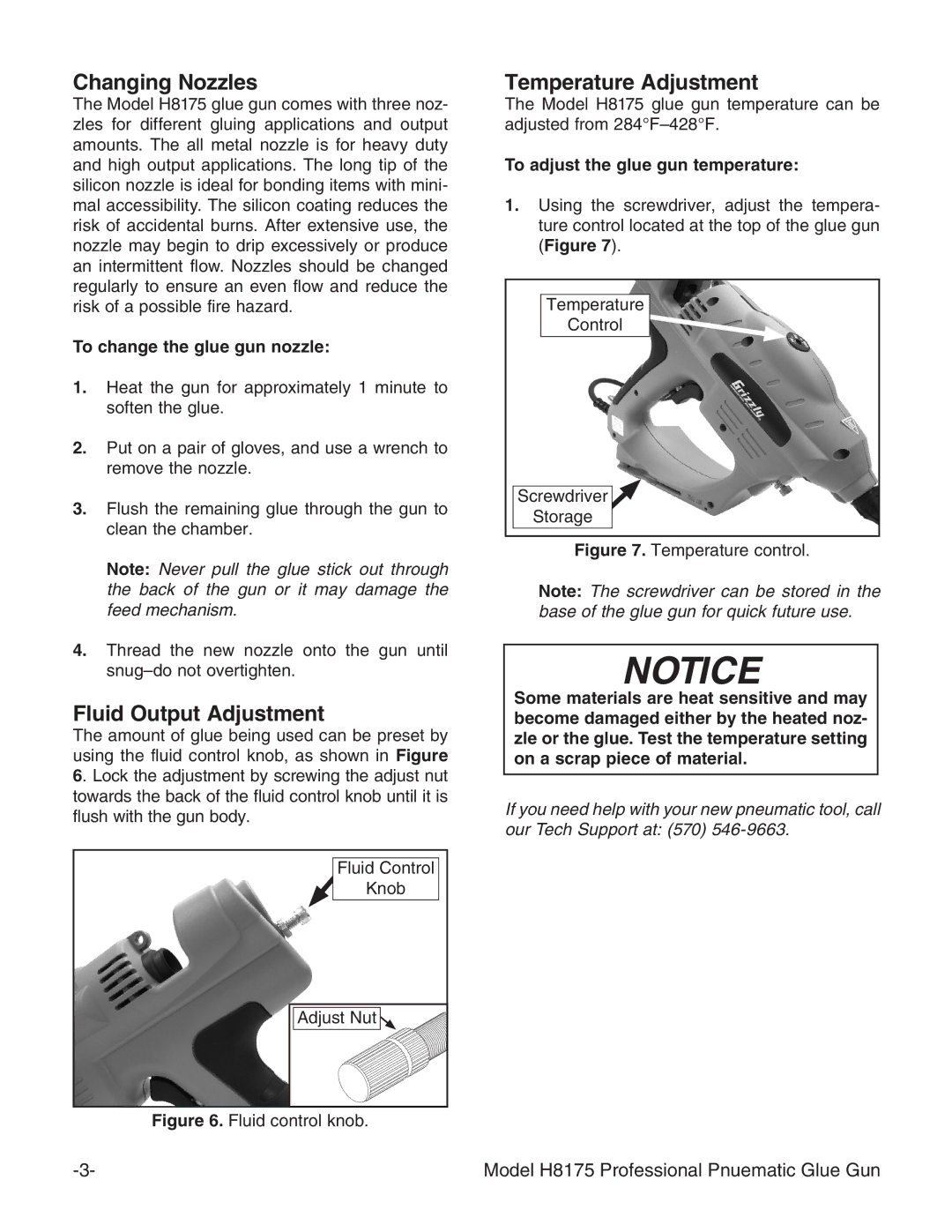 Grizzly H8175 specifications Changing Nozzles, Fluid Output Adjustment, Temperature Adjustment 