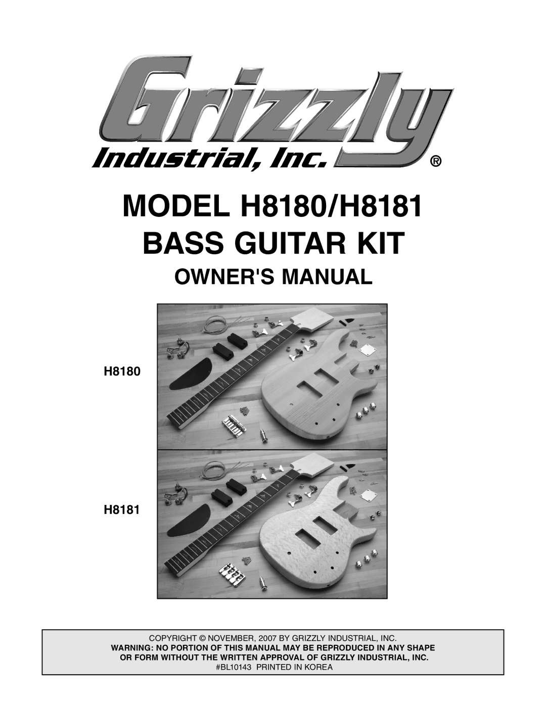 Grizzly H8181 owner manual Bass Guitar KIT 