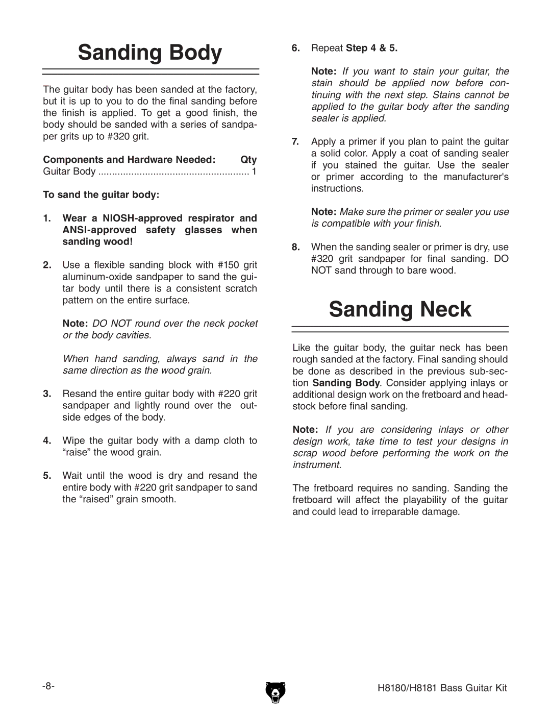 Grizzly H8181 owner manual Sanding Body, Sanding Neck, Components and Hardware Needed Qty, Repeat 