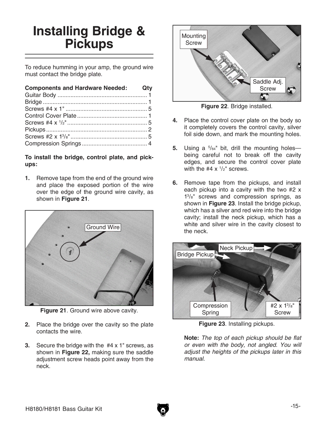 Grizzly H8181 owner manual Installing Bridge Pickups, To install the bridge, control plate, and pick- ups 