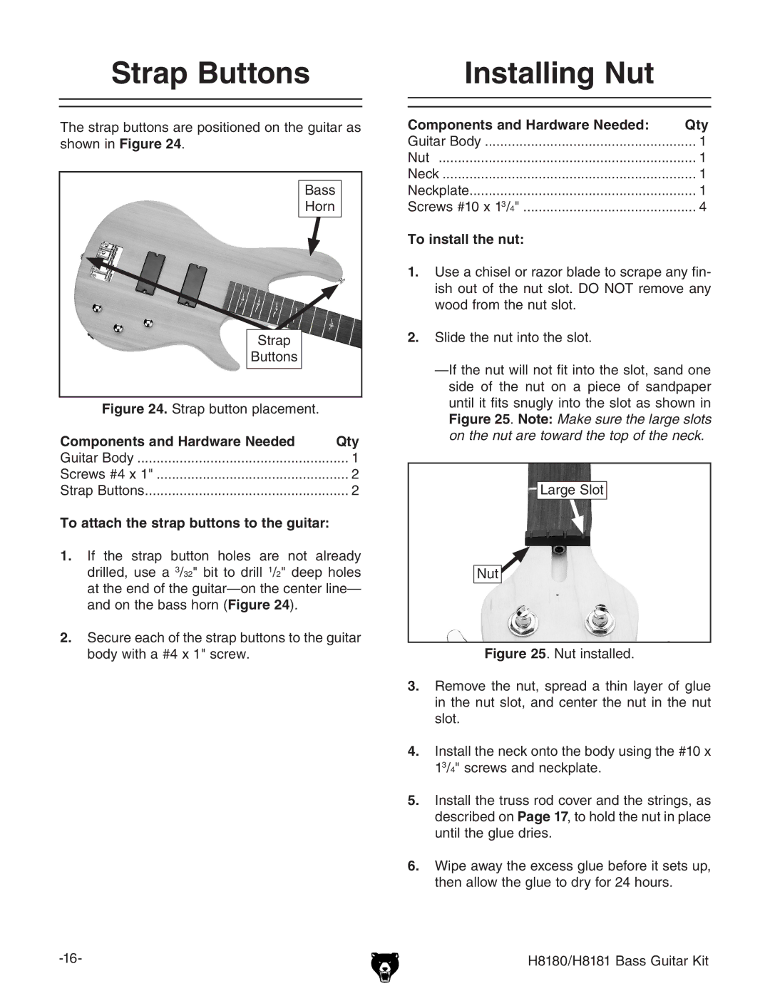 Grizzly H8181 owner manual Strap Buttons Installing Nut, To install the nut, To attach the strap buttons to the guitar 