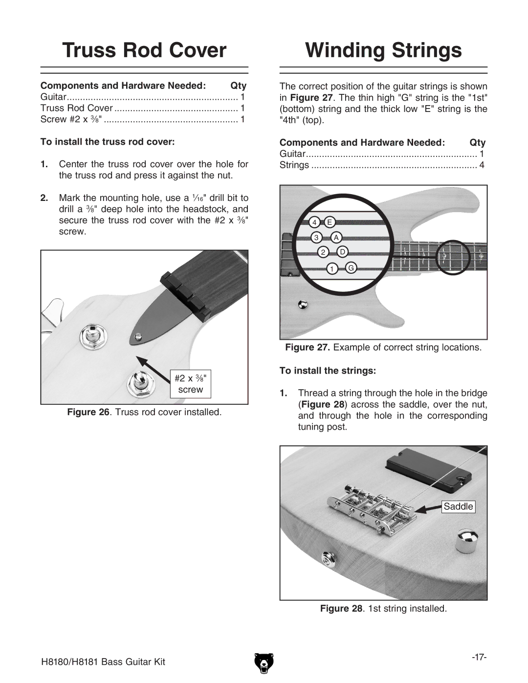 Grizzly H8181 owner manual Truss Rod Cover, Winding Strings, To install the truss rod cover, To install the strings 