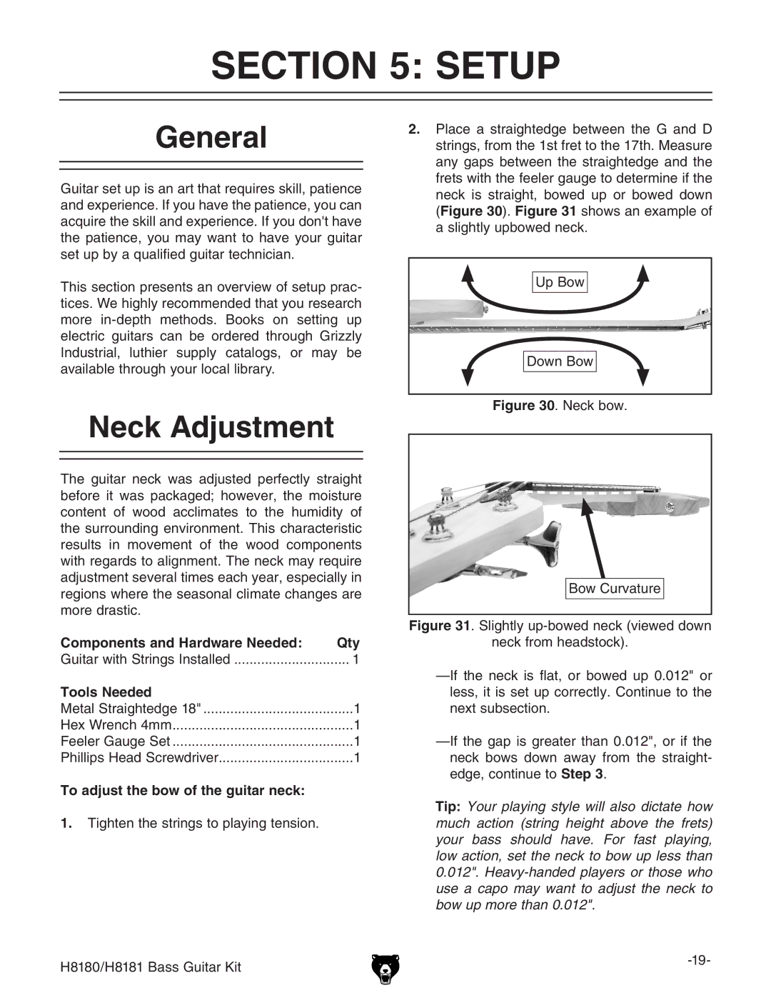 Grizzly H8181 owner manual Setup, General, Neck Adjustment, To adjust the bow of the guitar neck 