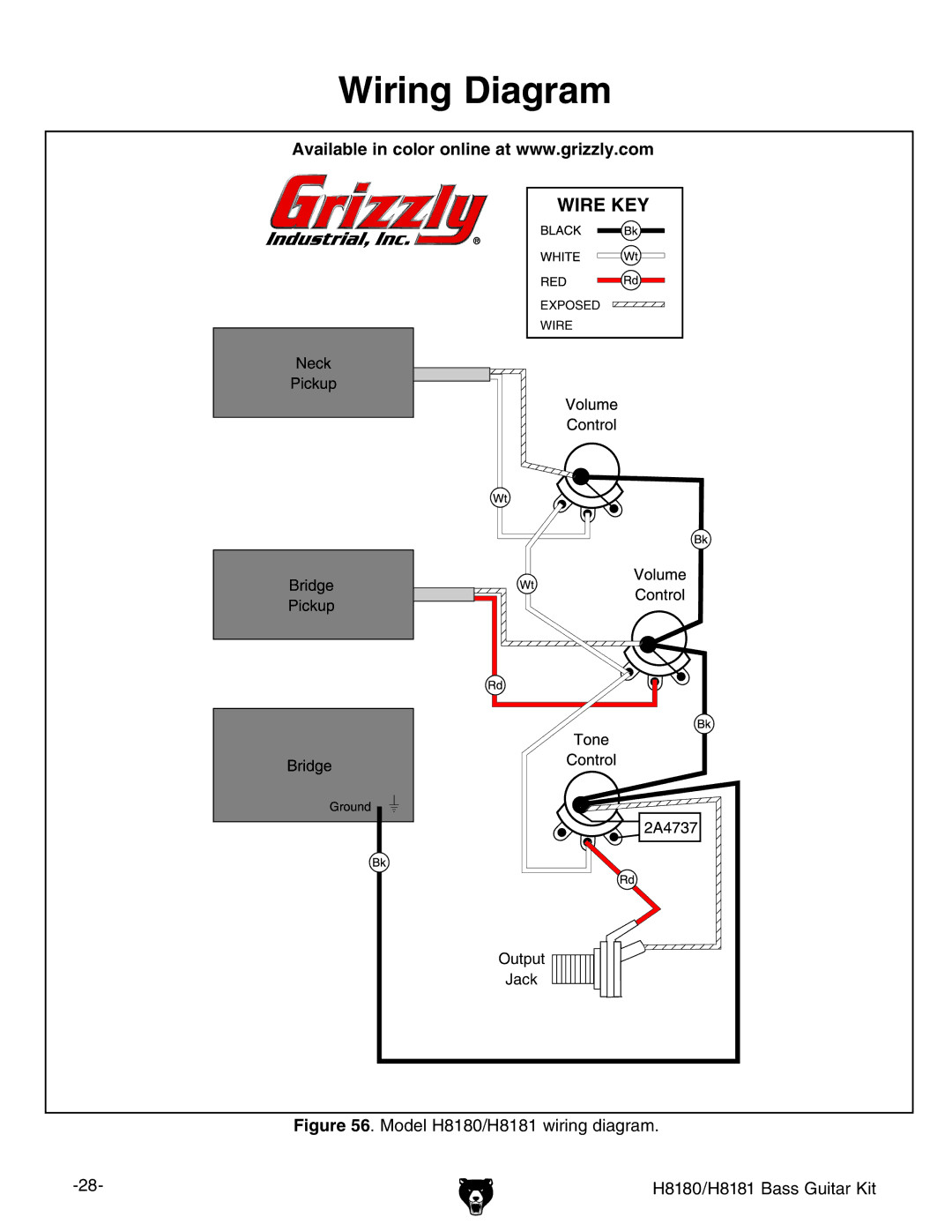 Grizzly owner manual Wiring Diagram, Model H8180/H8181 wiring diagram H8180/H8181 Bass Guitar Kit 