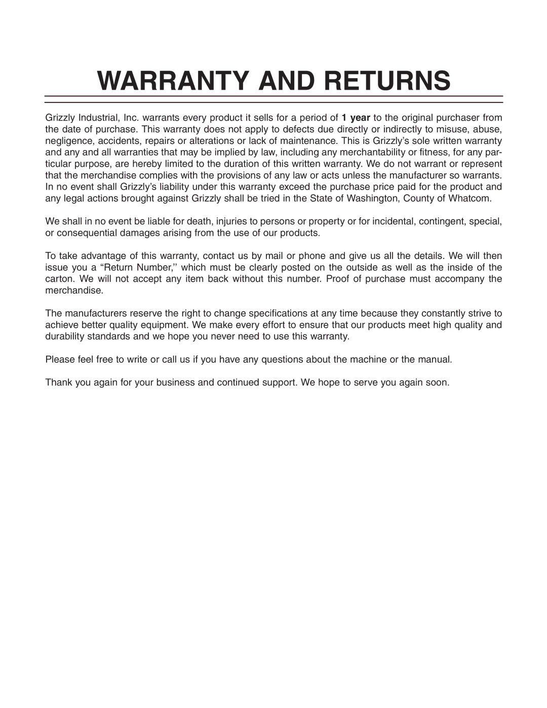 Grizzly H8181 owner manual Warranty and Returns 