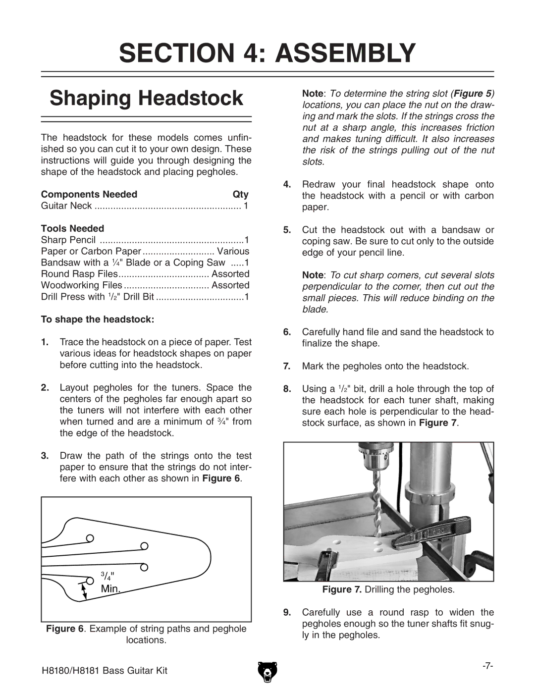 Grizzly H8181 owner manual Assembly, Shaping Headstock, Components Needed Qty, Tools Needed, To shape the headstock 