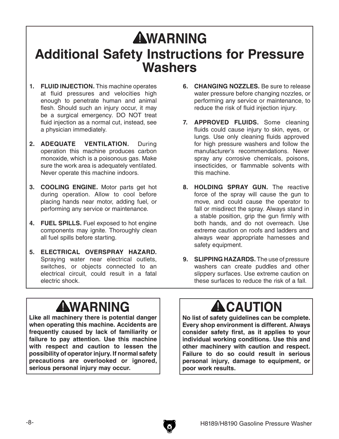 Grizzly H8189/H8190 owner manual Additional Safety Instructions for Pressure Washers 