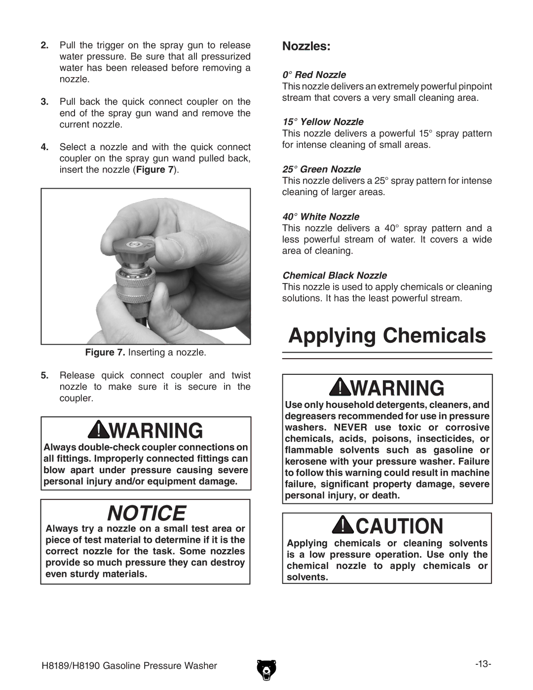 Grizzly H8189/H8190 owner manual Applying Chemicals, Nozzles 