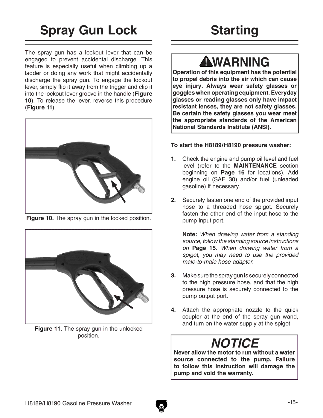 Grizzly owner manual Spray Gun Lock Starting, To start the H8189/H8190 pressure washer 