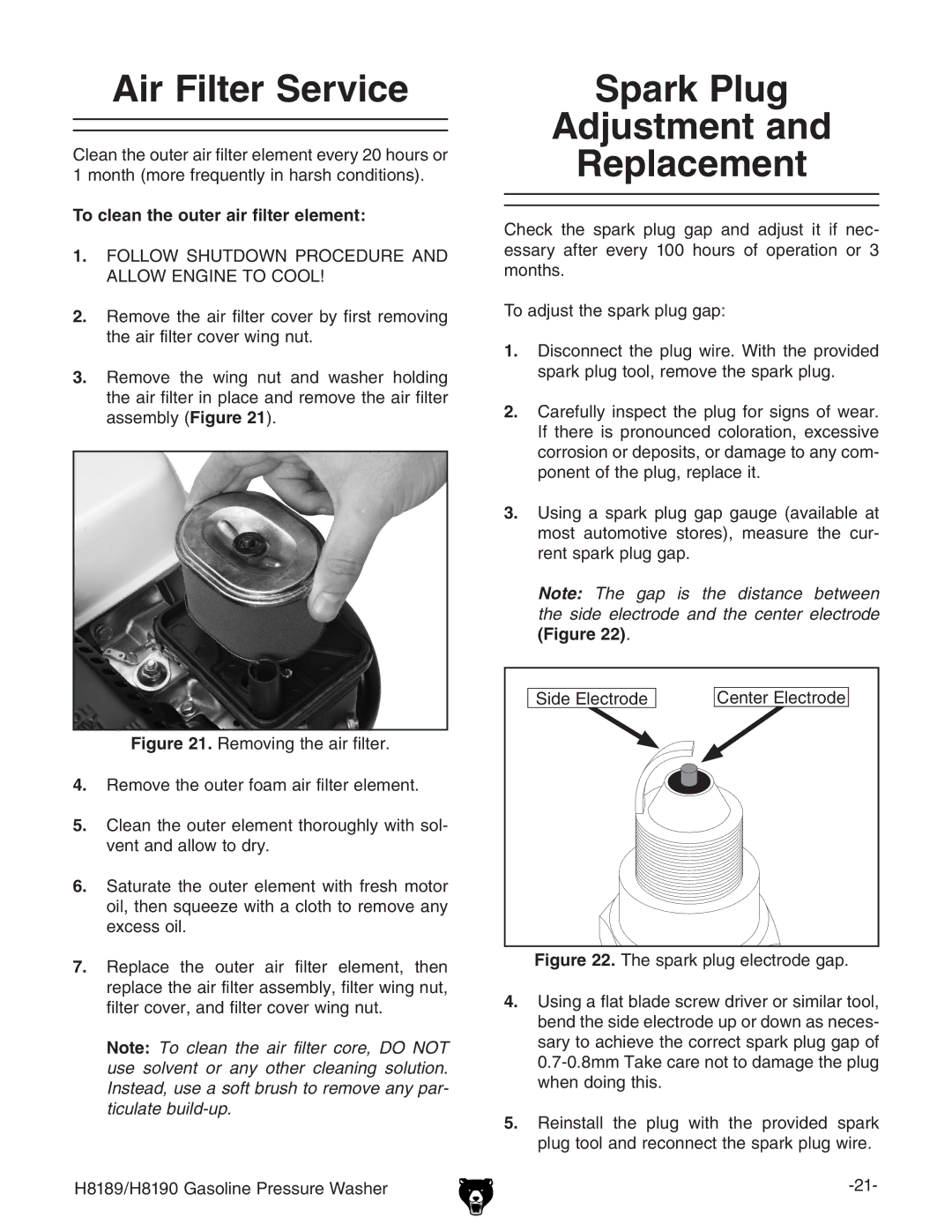 Grizzly H8189/H8190 Air Filter Service, Spark Plug Adjustment Replacement, To clean the outer air filter element 