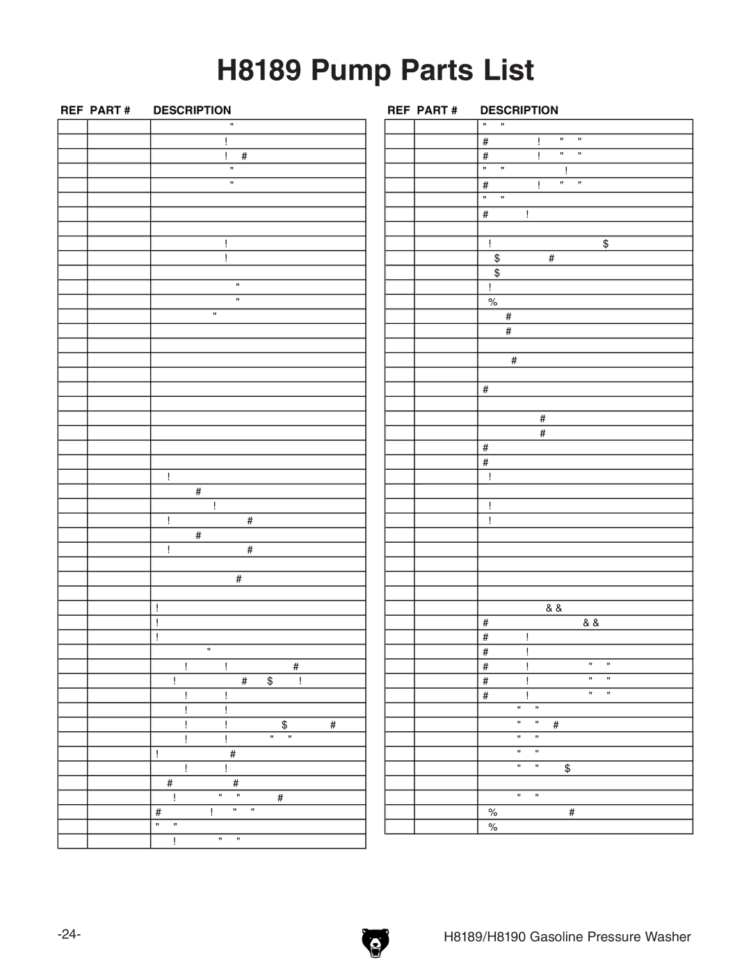 Grizzly H8189/H8190 owner manual H8189 Pump Parts List, REF Description 