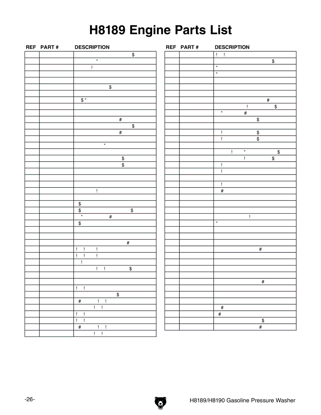 Grizzly H8189/H8190 owner manual H8189 Engine Parts List, Description 