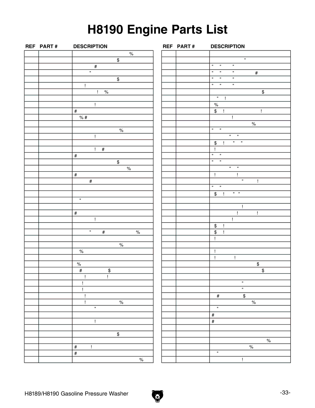 Grizzly H8189/H8190 owner manual H8190 Engine Parts List 