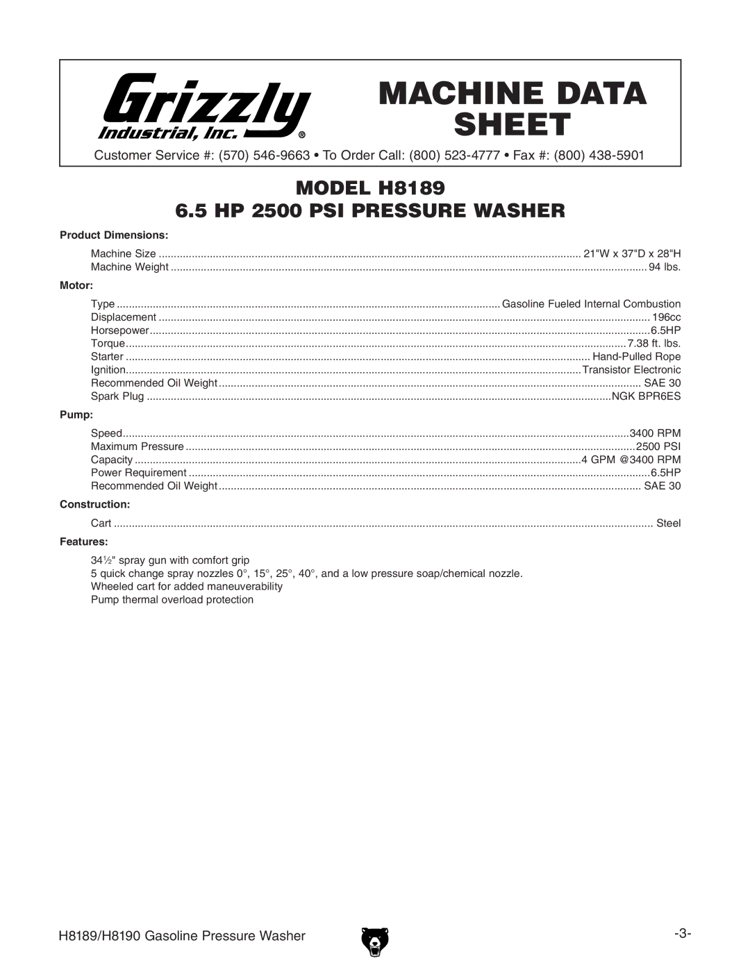 Grizzly owner manual H8189/H8190 Gasoline Pressure Washer 