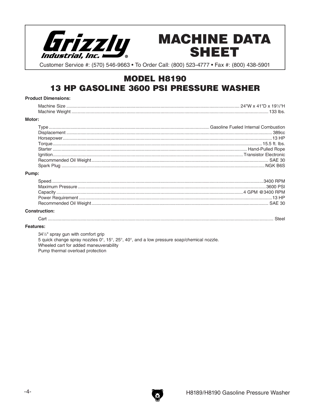 Grizzly owner manual H8189/H8190 Gasoline Pressure Washer 