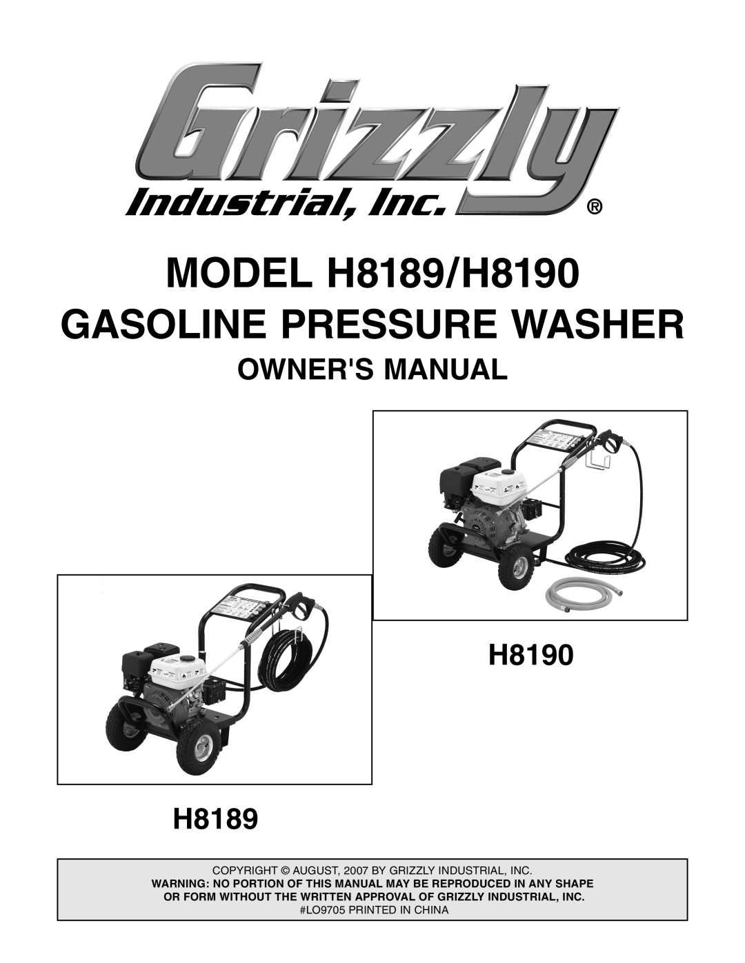 Grizzly owner manual OWNERS MANUAL H8190 H8189, MODEL H8189/H8190, Gasoline Pressure Washer 