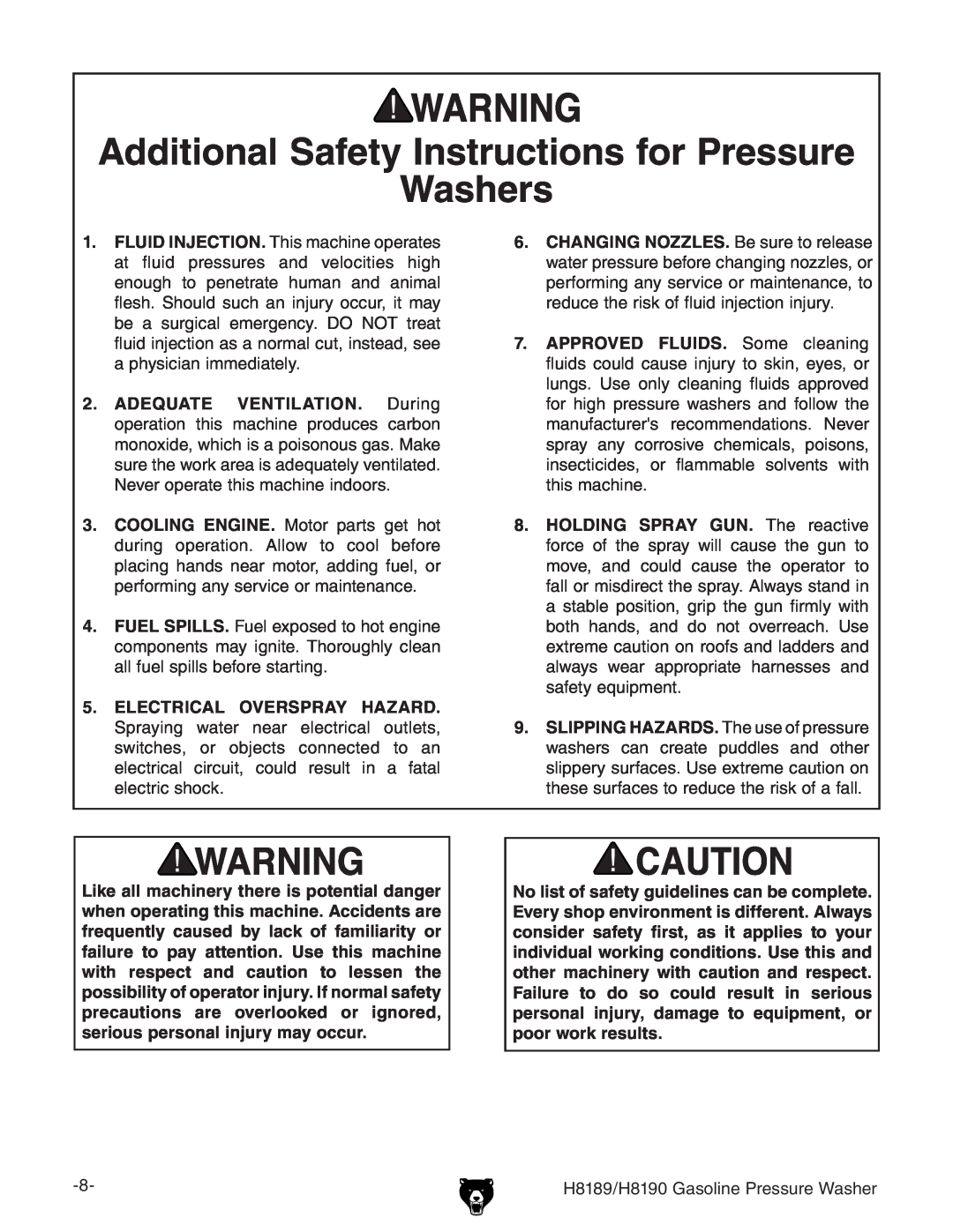 Grizzly H8189/H8190 owner manual Additional Safety Instructions for Pressure, Washers 