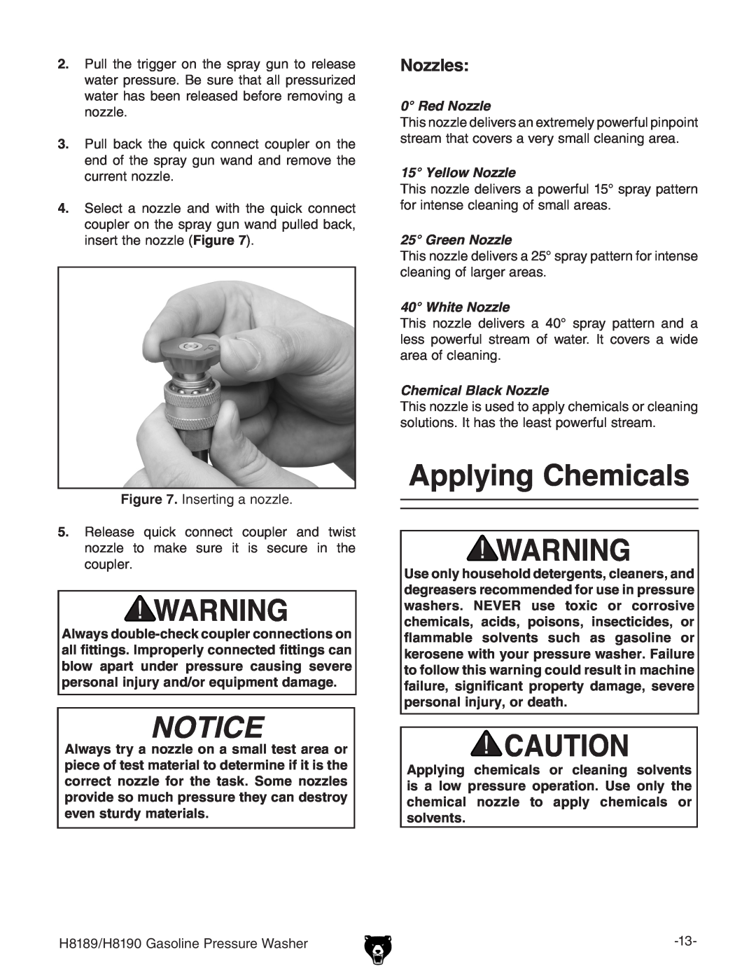 Grizzly H8189/H8190 owner manual Applying Chemicals, Notice, Nozzles 