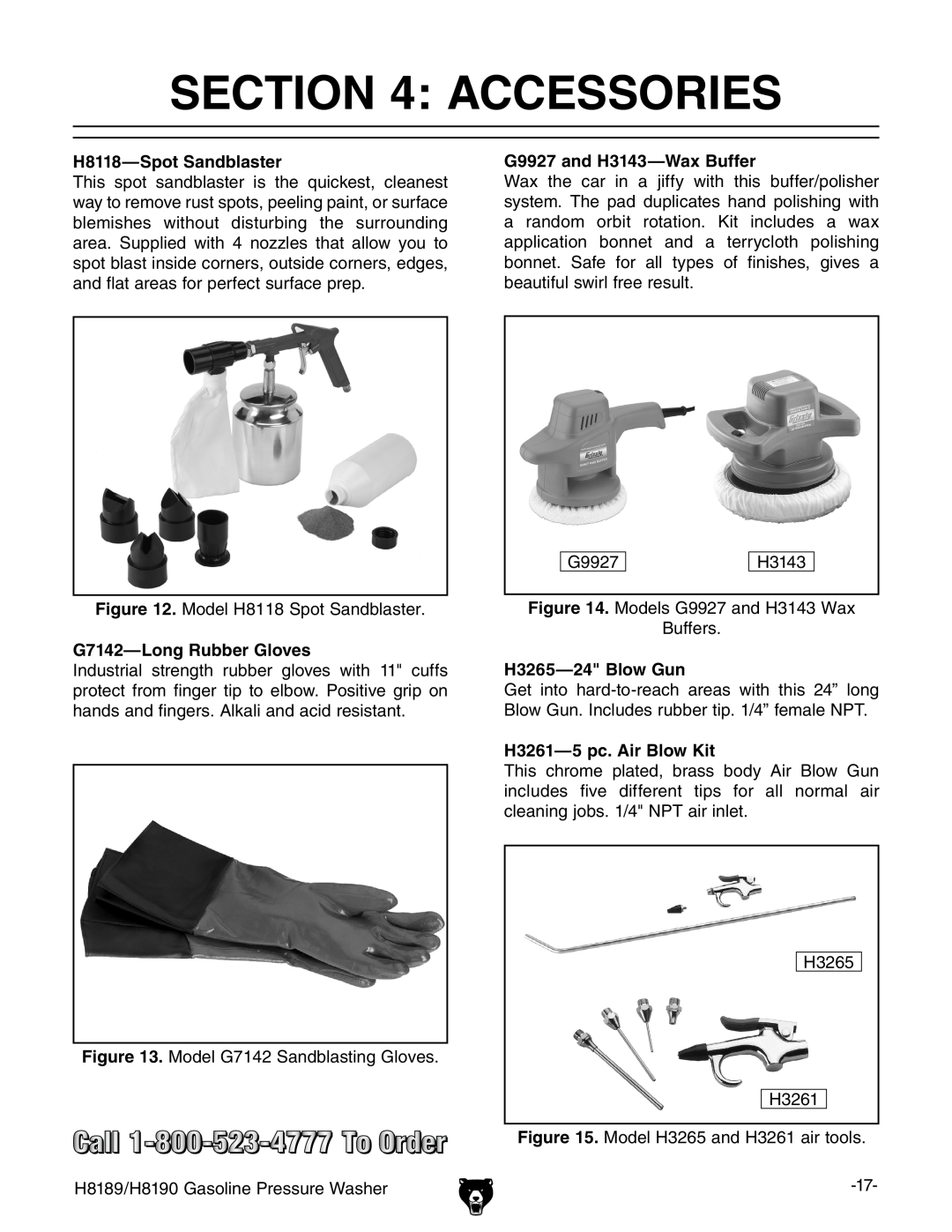 Grizzly H8189/H8190 owner manual Accessories, H8118—SpotSandblaster, G9927 and H3143—WaxBuffer, G7142—LongRubber Gloves 