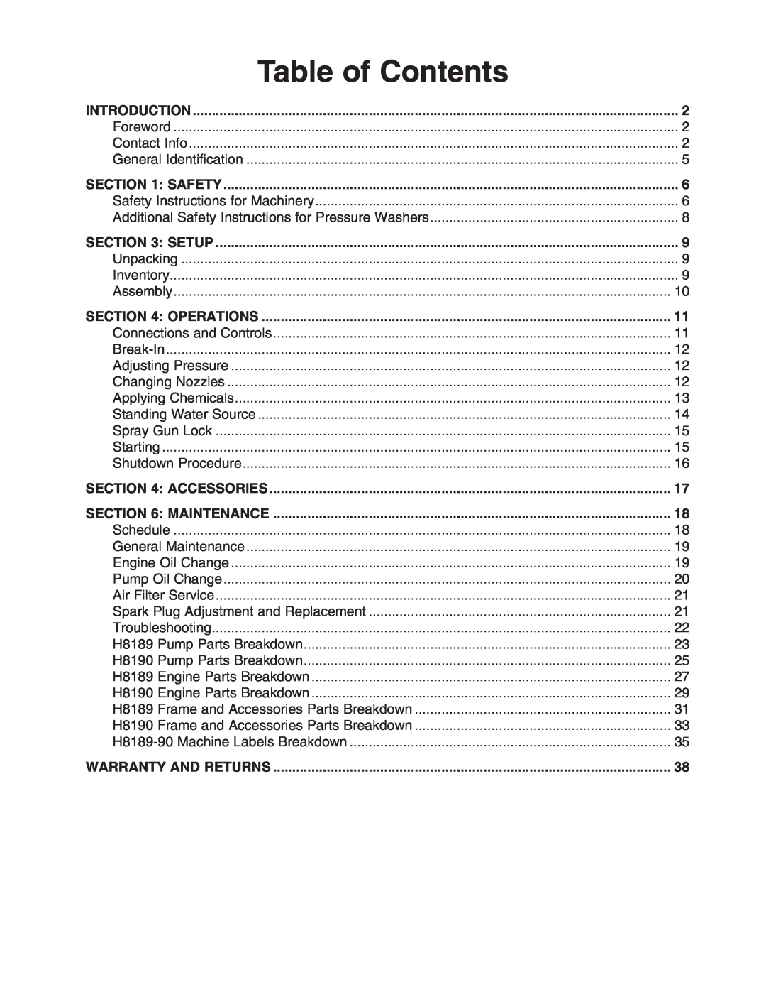 Grizzly H8189/H8190 owner manual Table of Contents 