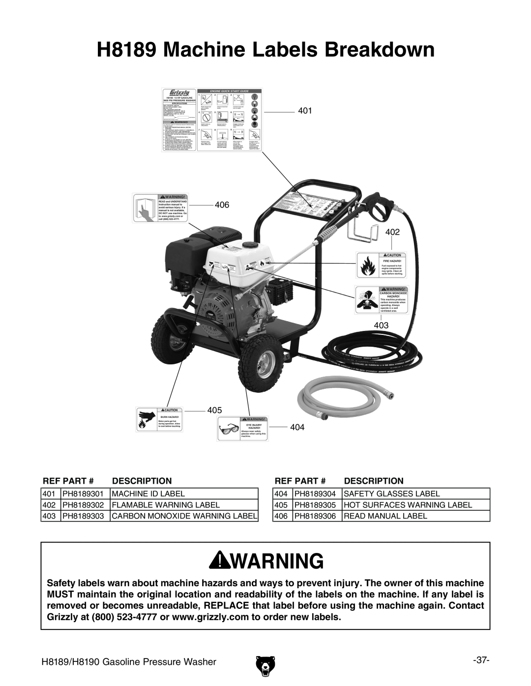Grizzly owner manual H8189 Machine Labels Breakdown, H8189/H8190 Gasoline Pressure Washer, Ref Part #, Description 