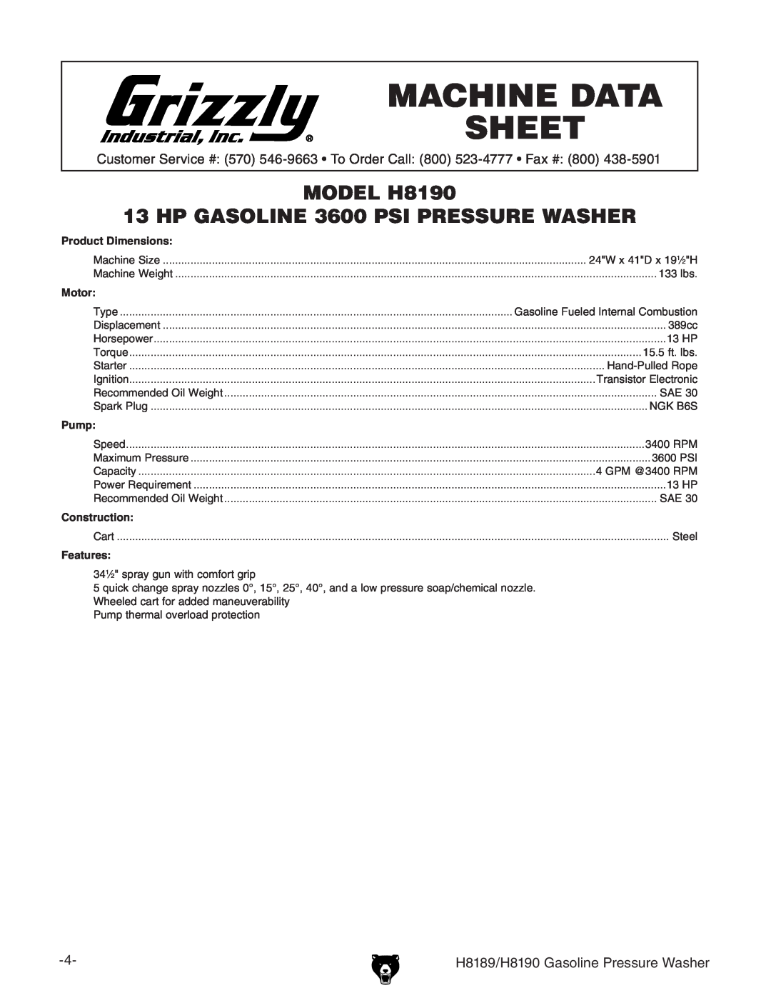 Grizzly owner manual H8189/H8190 Gasoline Pressure Washer 