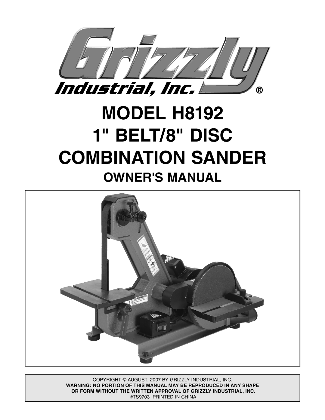 Grizzly owner manual Model H8192 BELT/8 Disc Combination Sander 