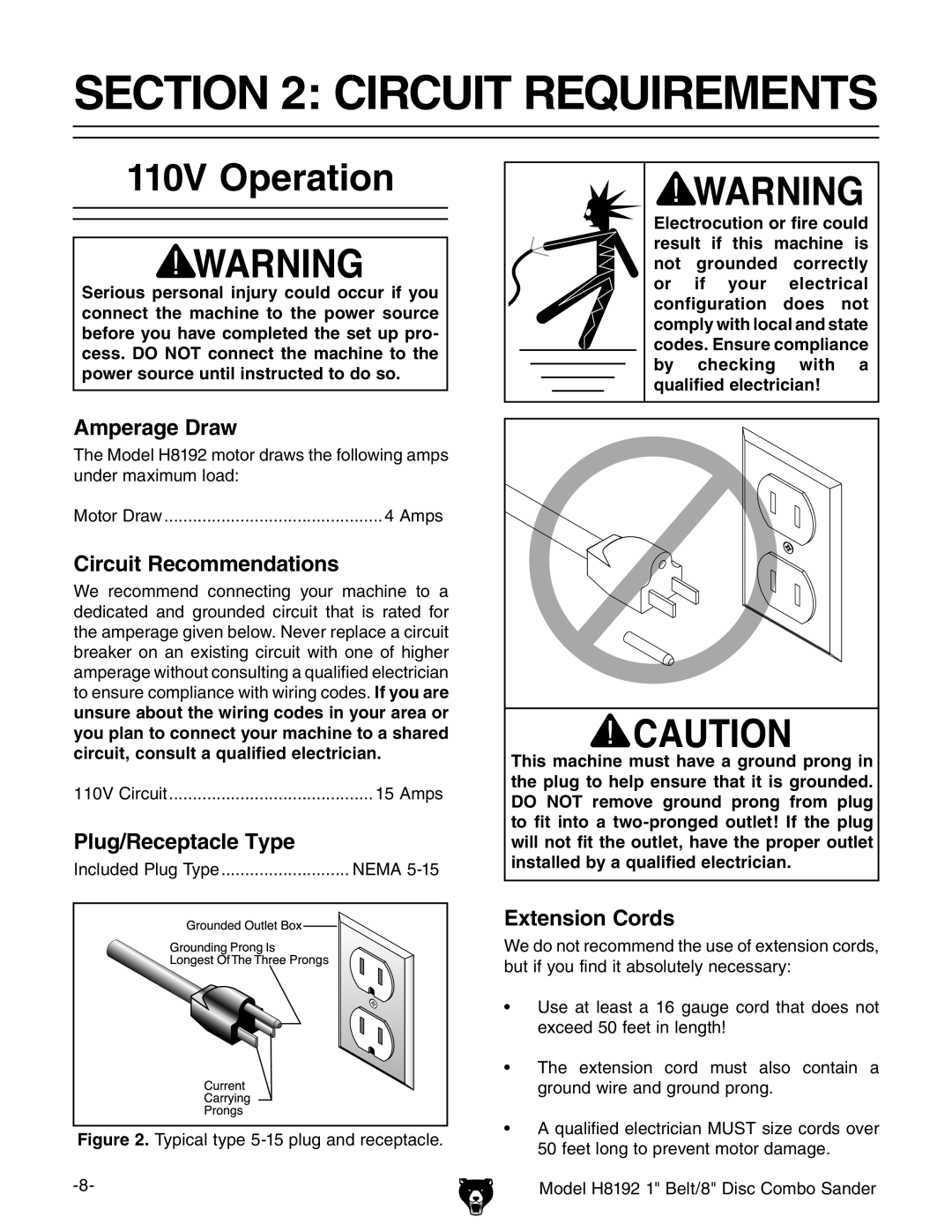 Grizzly H8192 owner manual Circuit Requirements, 110V Operation 