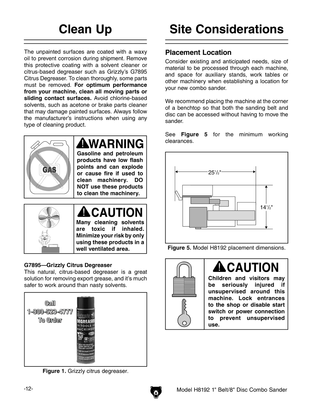 Grizzly H8192 owner manual Clean Up, Site Considerations, G7895-Grizzly Citrus Degreaser 