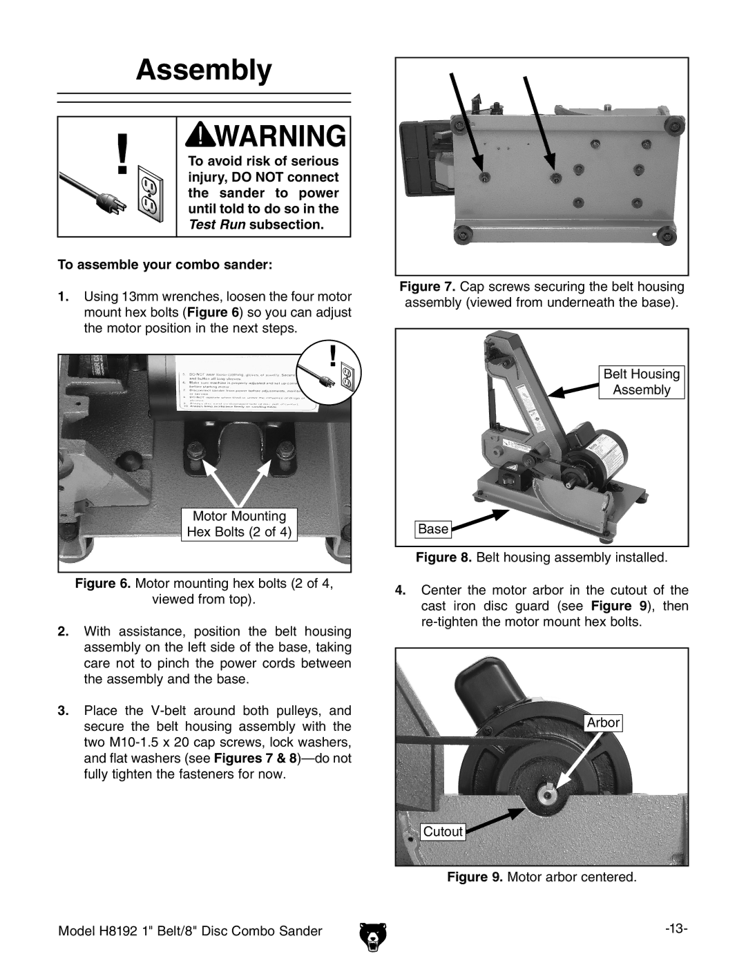 Grizzly H8192 owner manual Assembly, Motor arbor centered 