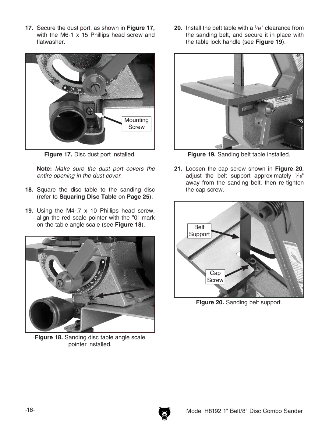 Grizzly H8192 owner manual Sanding disc table angle scale Pointer installed 