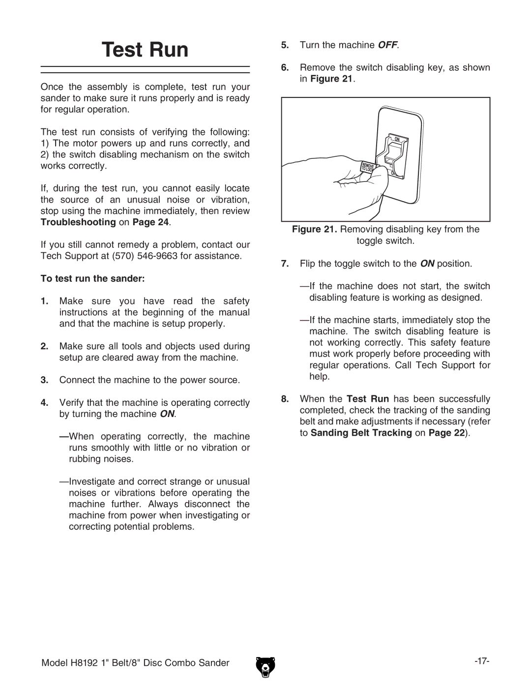 Grizzly H8192 owner manual Test Run, To test run the sander 