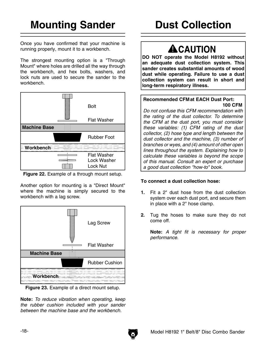 Grizzly H8192 owner manual Mounting Sander, To connect a dust collection hose 