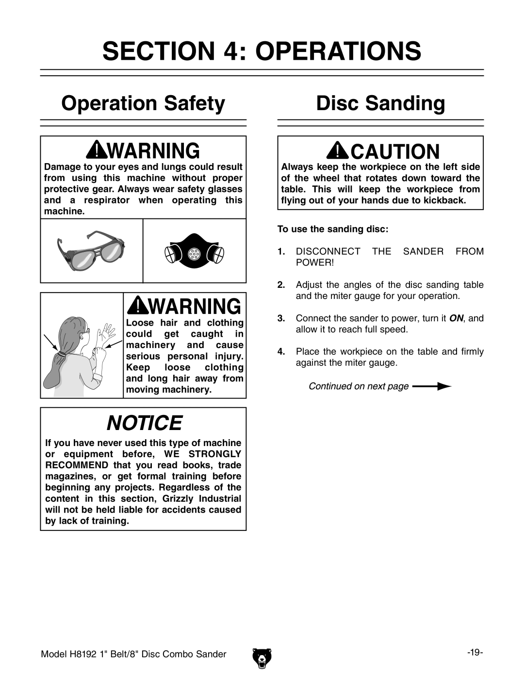 Grizzly H8192 owner manual Operations, Operation Safety Disc Sanding 