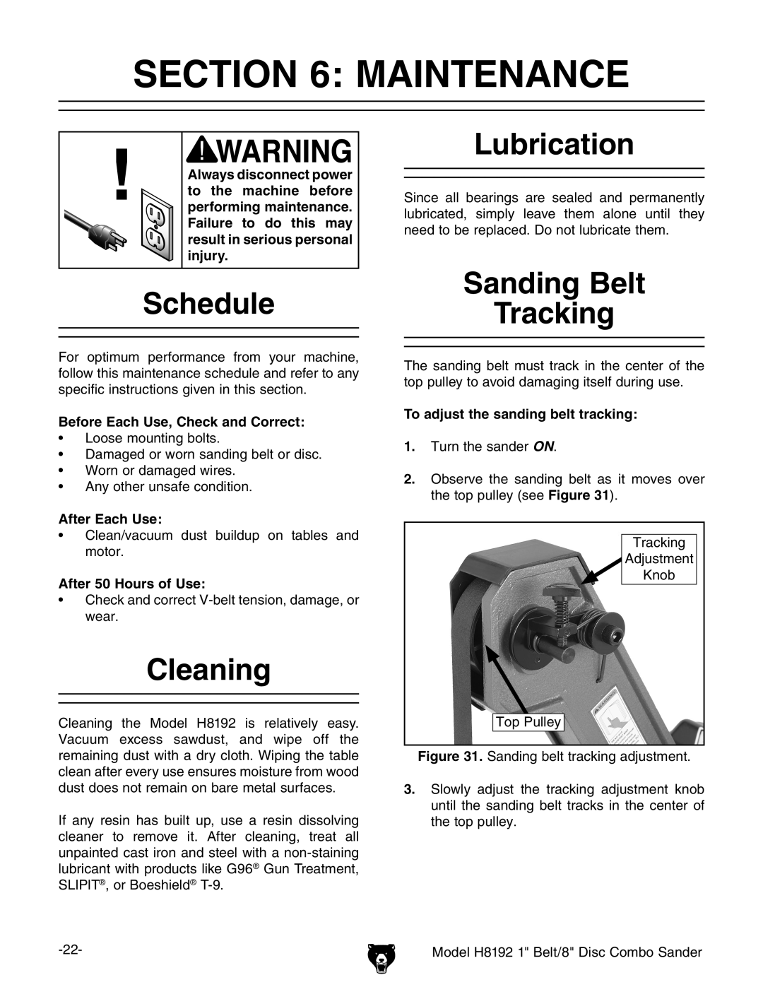 Grizzly H8192 owner manual Maintenance, Schedule, Cleaning, Lubrication, Sanding Belt Tracking 