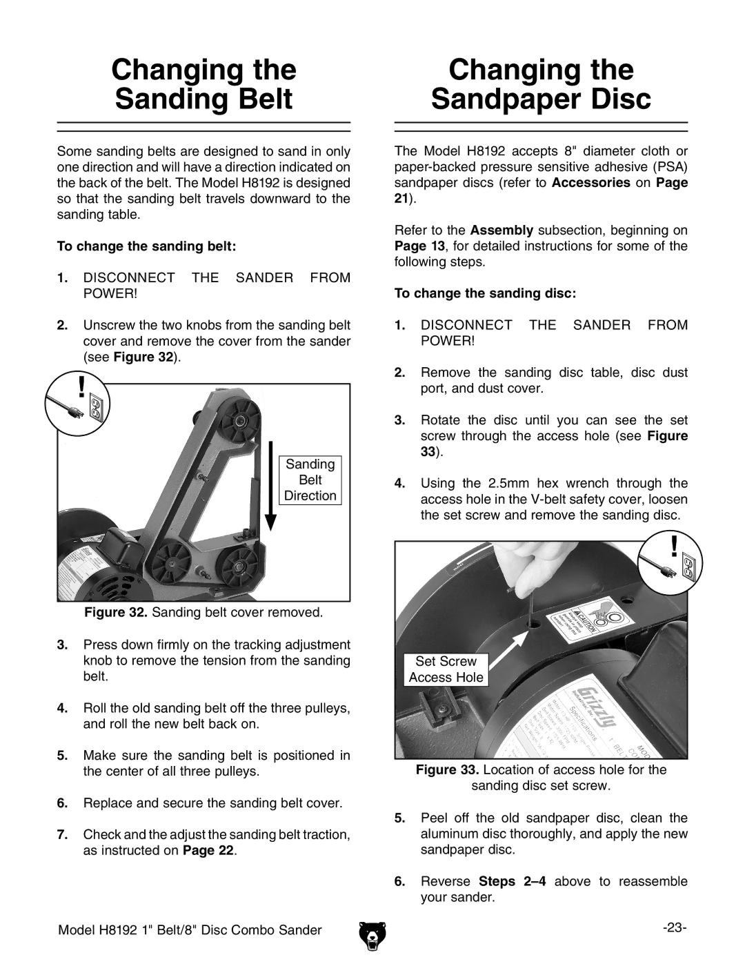 Grizzly H8192 owner manual Changing Sanding Belt Sandpaper Disc, To change the sanding belt, To change the sanding disc 