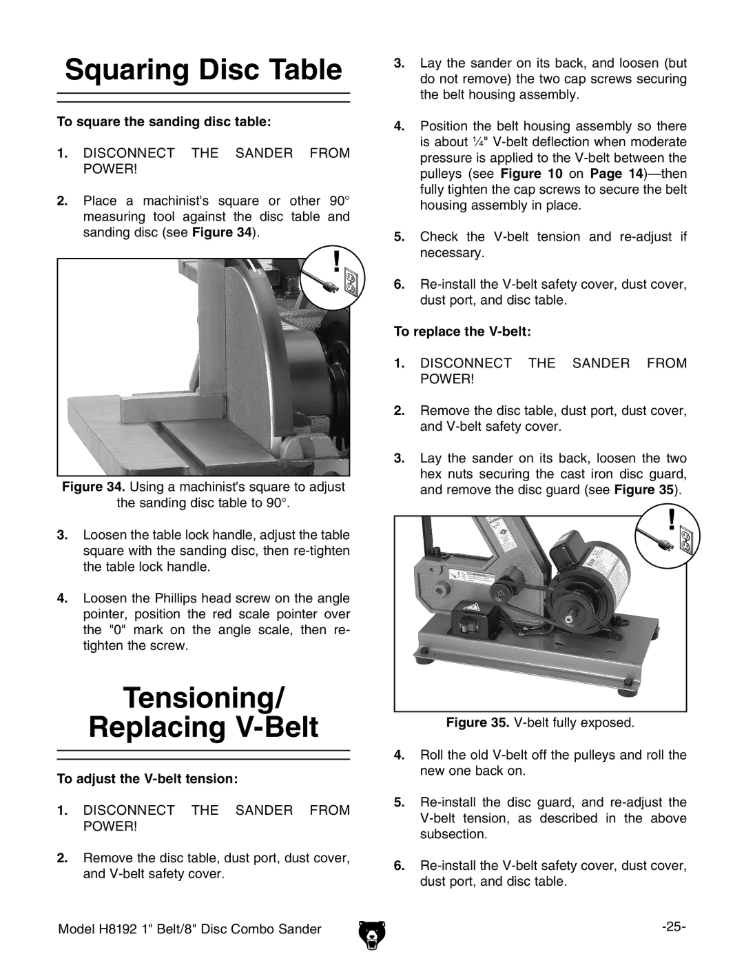 Grizzly H8192 Squaring Disc Table, Tensioning Replacing V-Belt, To square the sanding disc table, To replace the V-belt 