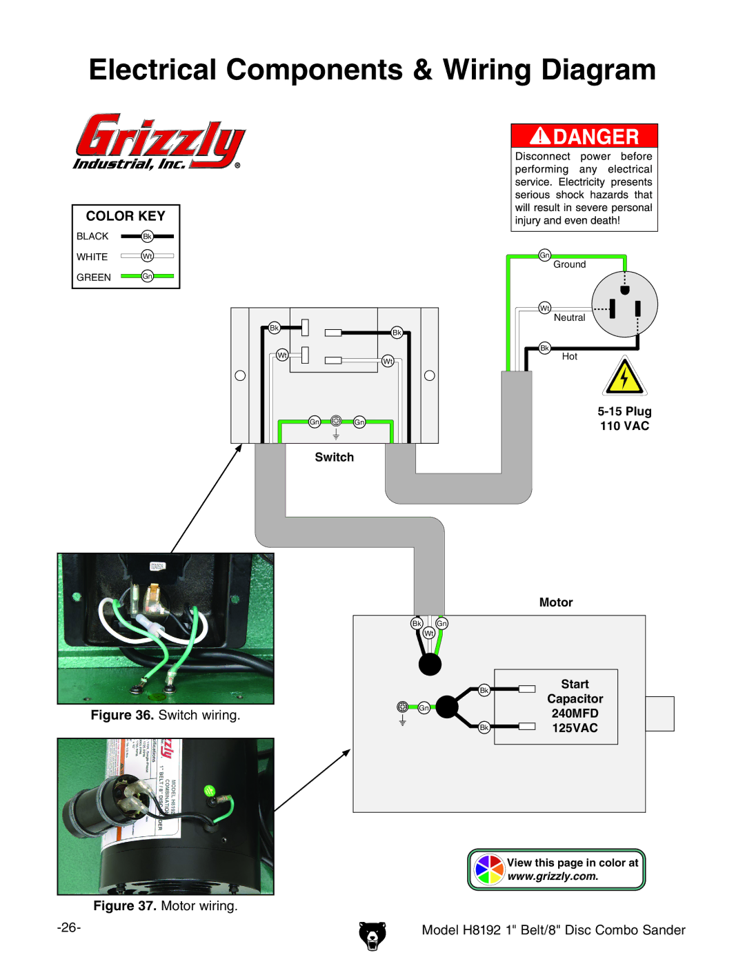 Grizzly H8192 owner manual Electrical Components & Wiring Diagram, Switch wiring 